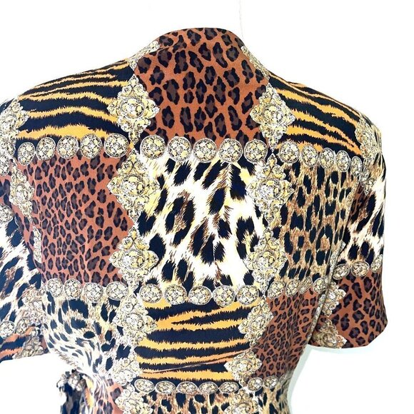 Robbie Bee Silk Dress Womens Size 10 Vintage Animal Print Faux Wrap Side Tie - Picture 12 of 15